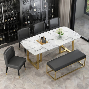 Modern 71" Dining Table with Faux Marble Top White Rectangle Dining Table